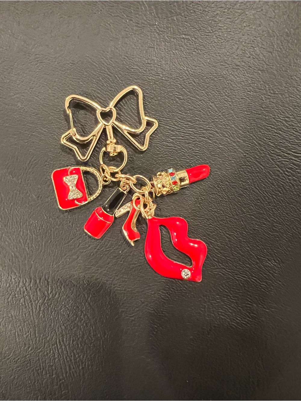 Gold Bow Lipstick & Nail Polish Charm Keychain - Red